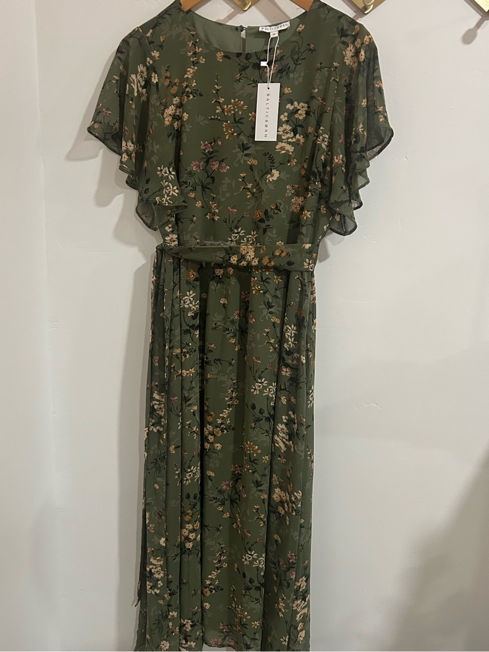 New!!! Baltic Born Olive Green Floral Midi Dress with Tie Waist - Picture 9 of 17